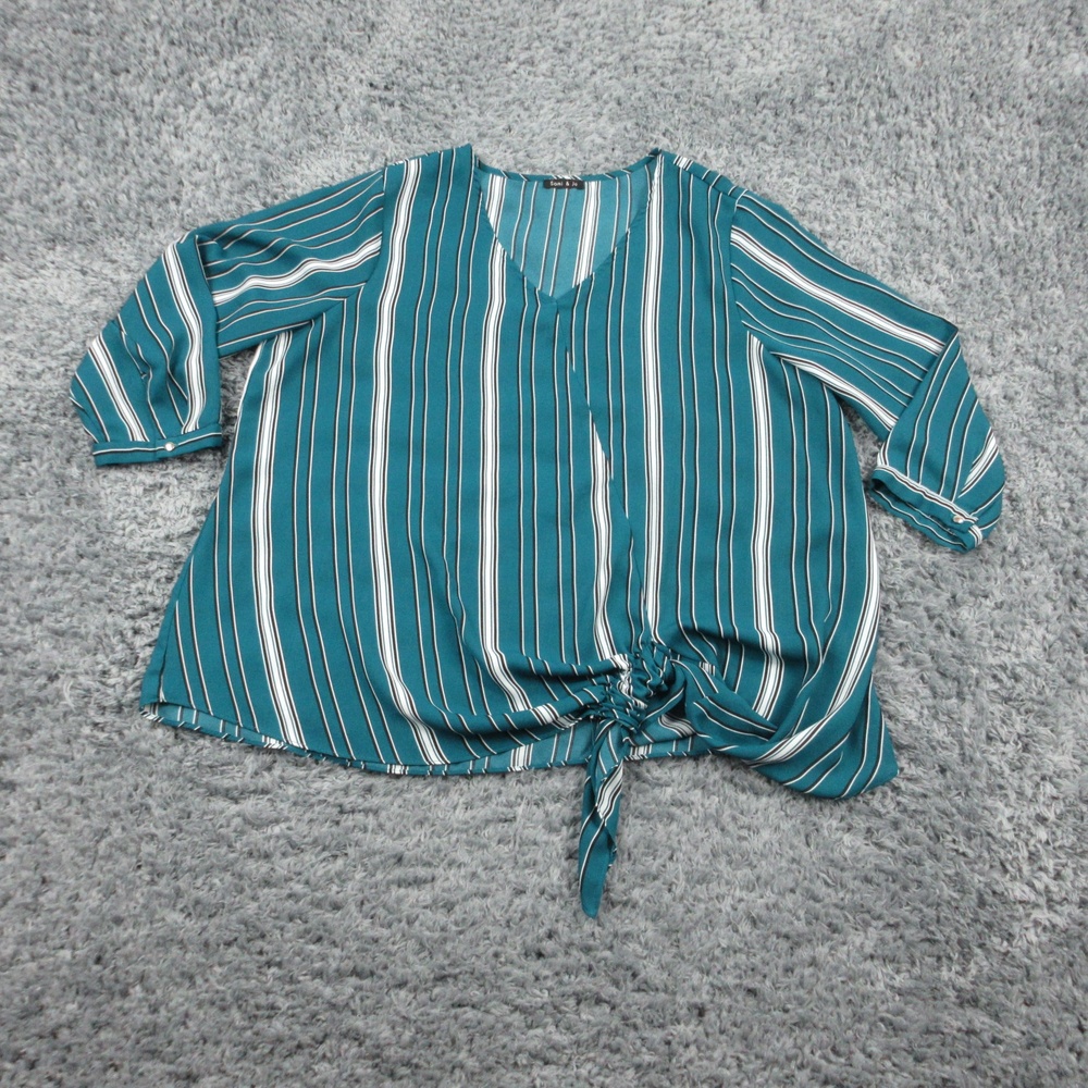 Sami & Jo Blouse Womens Extra Large Teal Striped 3/4 Sleeve Tie Front Top